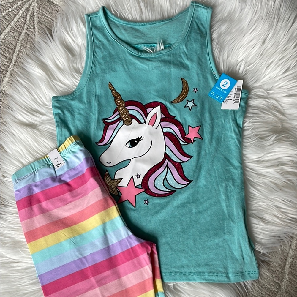 NWT The Children's Place Unicorn Cotton Play Set - Teal and Rainbow size 10/12